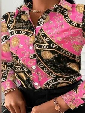 Pink Baroque Print Button-Up Blouse – Long Sleeve Satin Shirt (2XL)